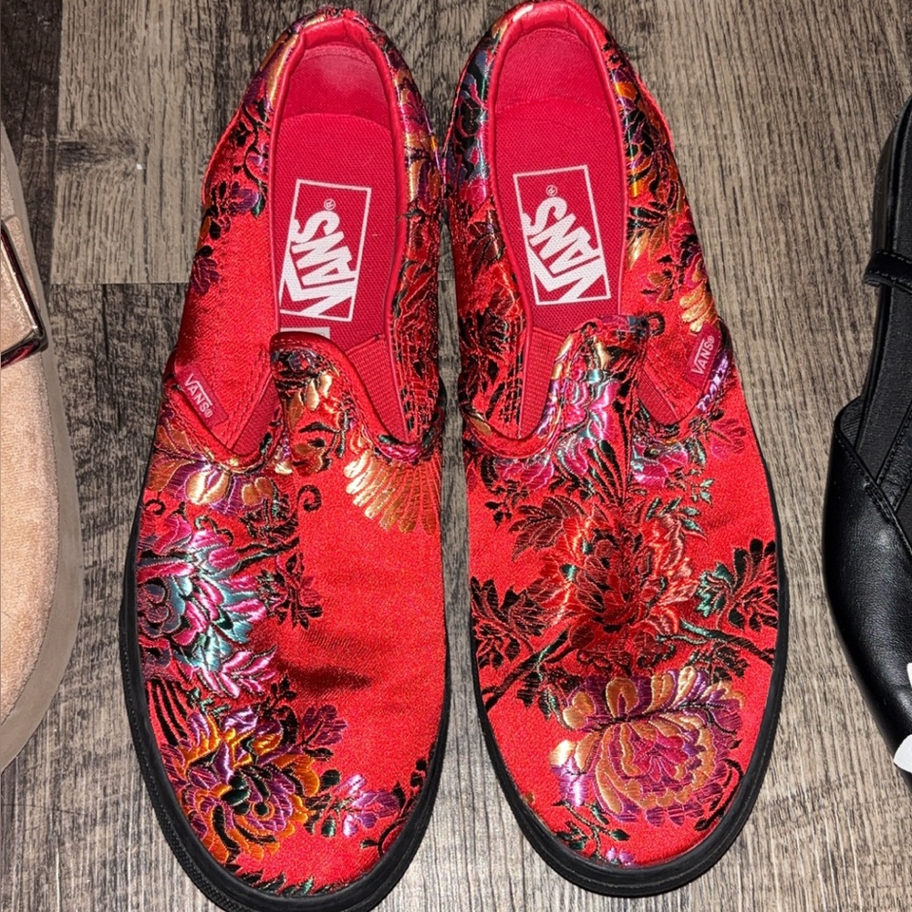 Vans Red and Black Patterned Slip-Ons